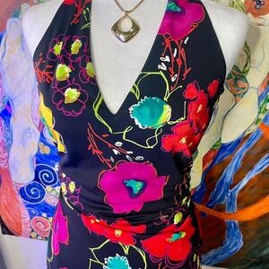 90s David Meister colorful floral halter neck asymmetrical hem dress size 6